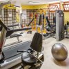 Palestra con attrezzi e una palla fitness.