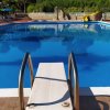 Pedana per tuffi di una piscina all'aperto, con area circostante verde e alberata.
