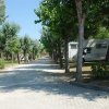 Un sentiero pavimentato tra alberi con un camper parcheggiato a destra.