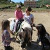 Bambini accarezzano un pony mentre una bambina è in sella sotto la supervisione di un adulto.